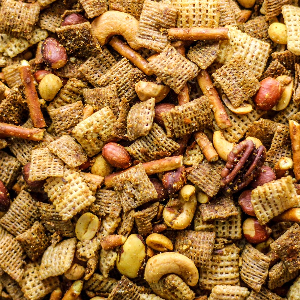 A closeup image of spiced party snack mix.