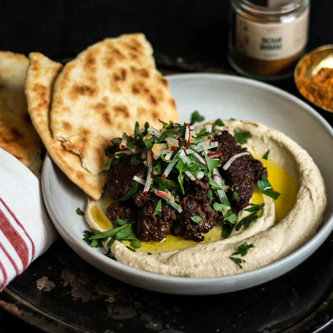 Preserved Lemon Hummus with Baharat Spiced Lamb & Radish Salad