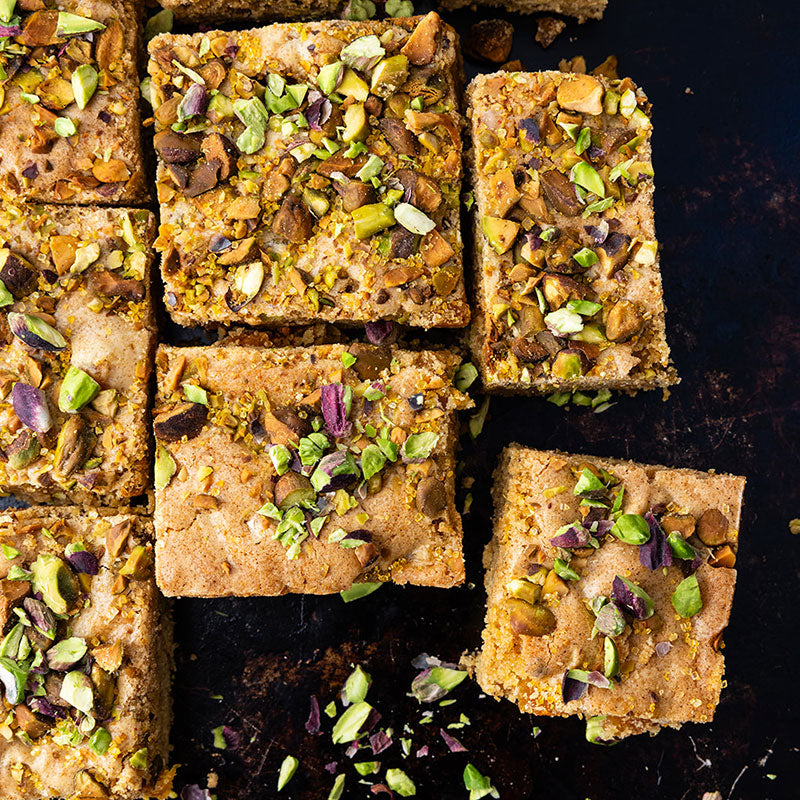 Photo of a pan of saffron & apricot blonde brownies