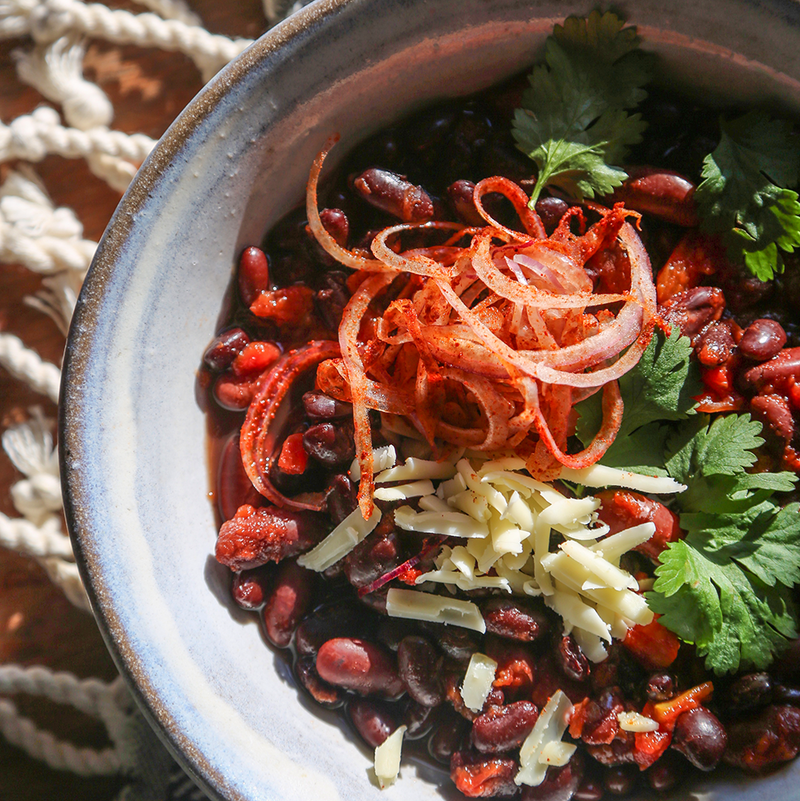 Vegetarian Chili with Smoky Pickled Onions