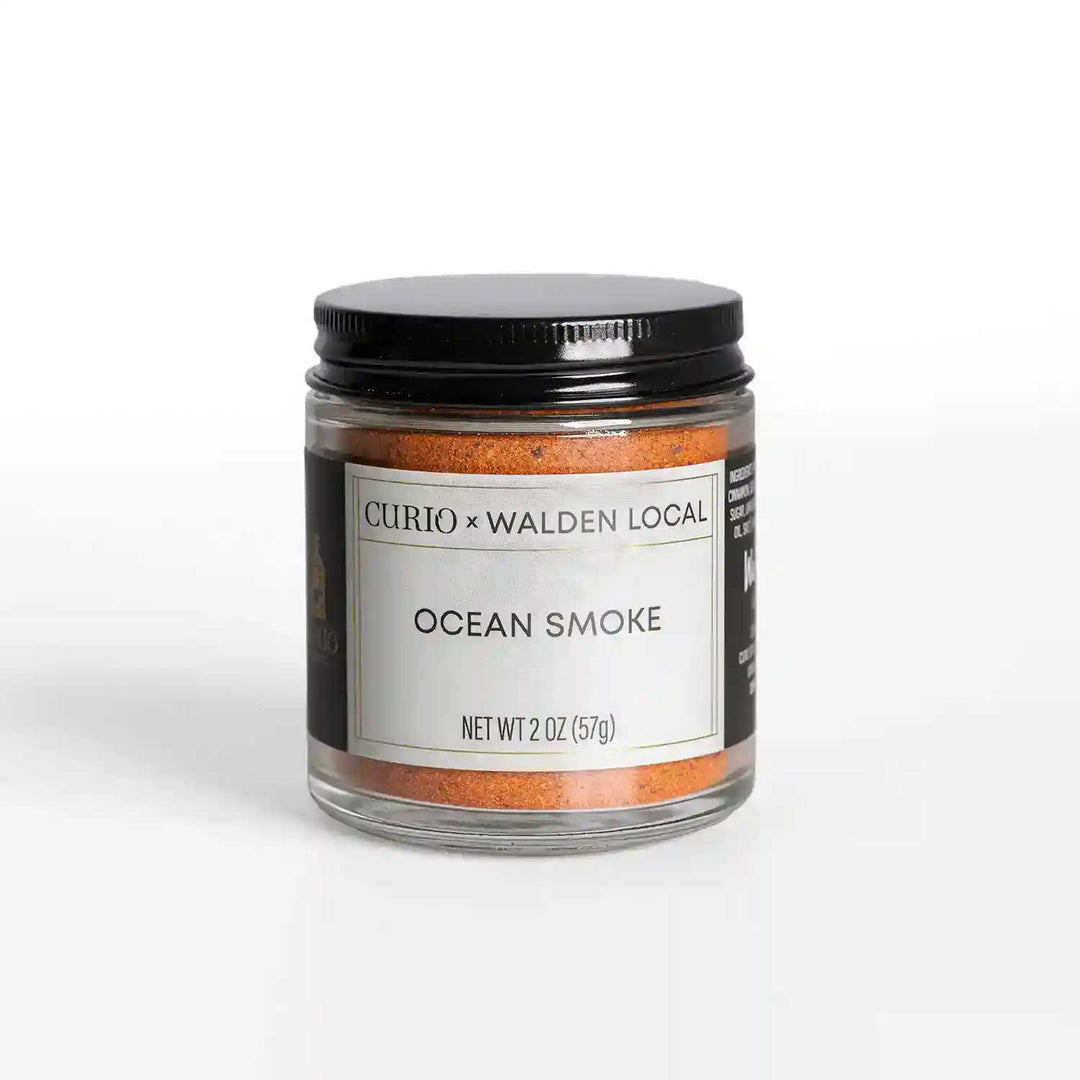 A glass jar of Ocean Smoke, a collaboration spice blend with Walden Local and Curio Spice