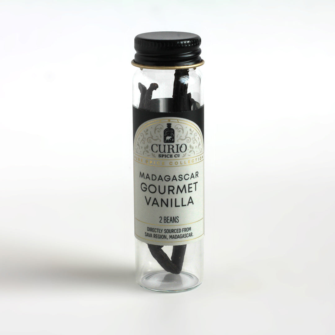 Curio Spice Co. Madagascar Gourmet Vanilla Bean Pods in a glass jar.