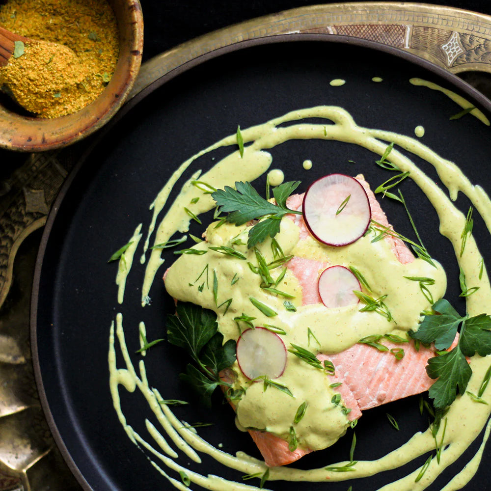 Poached Salmon with Vadouvan Almond Sauce