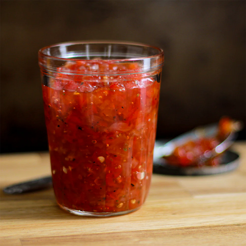 Photo of a jar of red pepper relish