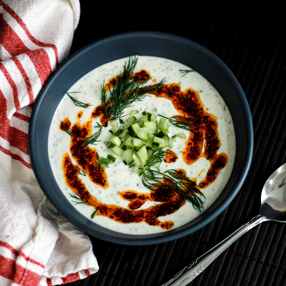 Cucumber Yogurt Soup with Maras & Sumac Drizzle
