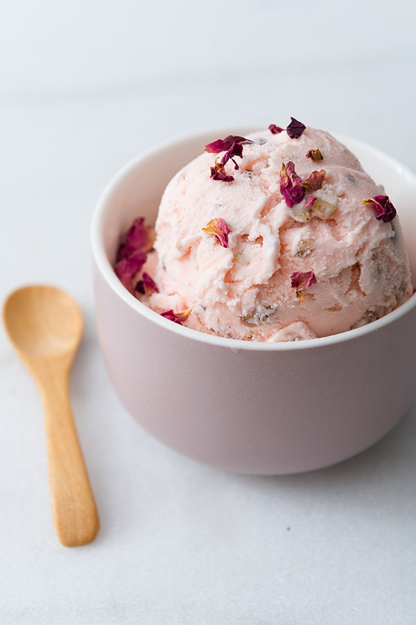 Dish of beautiful pale pink rose-scented ice-cream.