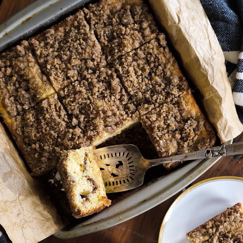 Chai spiced coffee cake in baking tin.