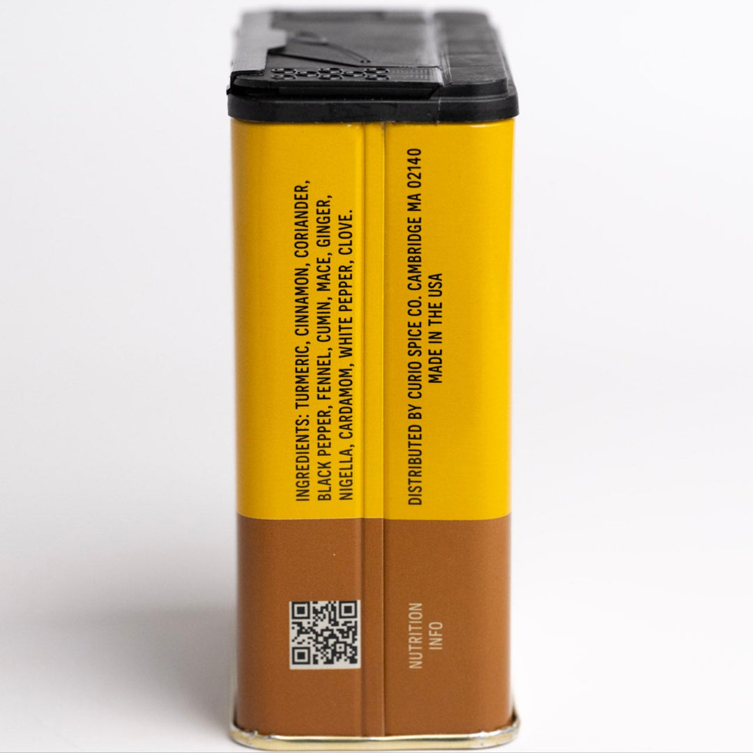 Canister with yellow label and black text on a white background