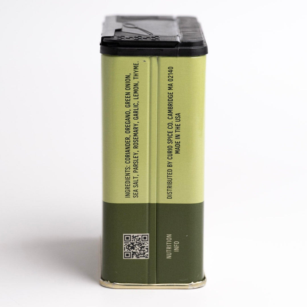 Green spice container with label and QR code on a white background