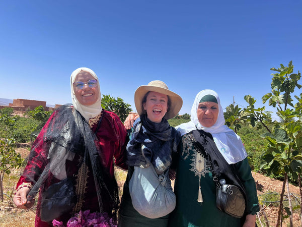 Claire Cheney with two women from the Femmes Dades Agricultural Cooperative in Morocco 