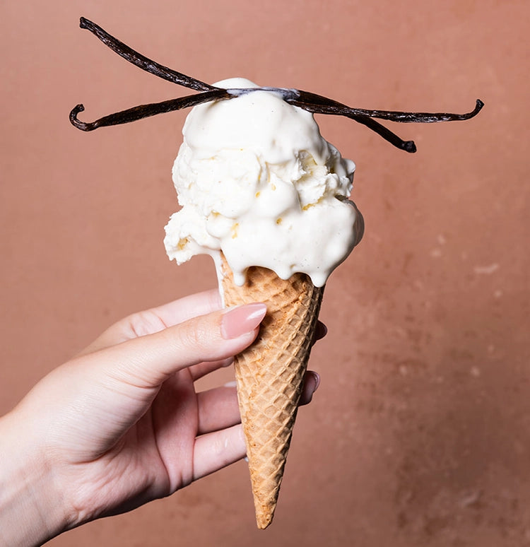 A hand holding a vanilla ice cream cone with two vanilla bean slices on top, set against a solid terracotta background.