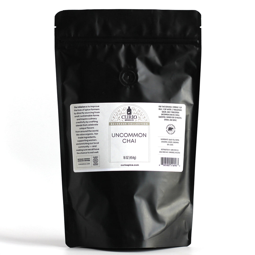 Back label for Uncommon Chai's resealable bag discussing uses, better-by dates, and barcodes.