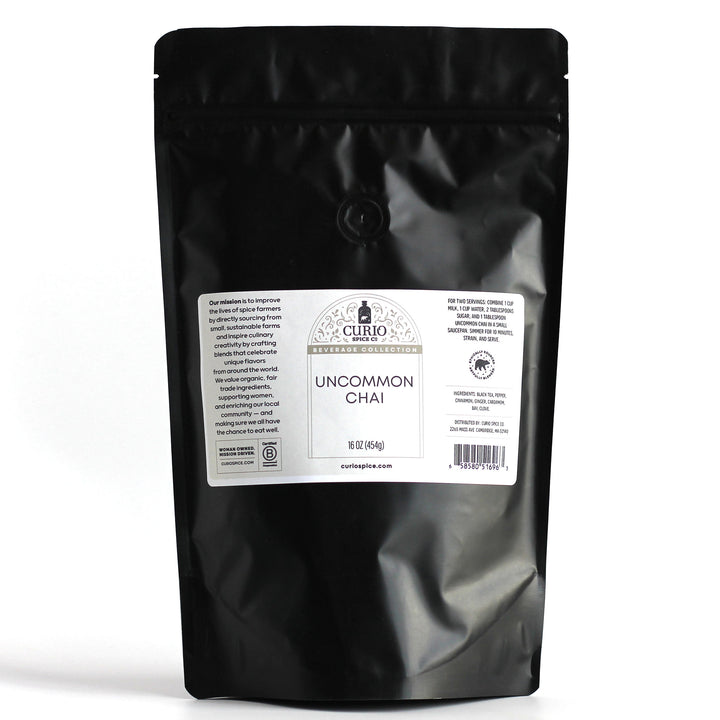 Back label for Uncommon Chai's resealable bag discussing uses, better-by dates, and barcodes.