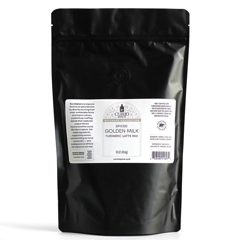 Back label of resealable bag of Spiced Golden Milk Turmeric Latte Mix.