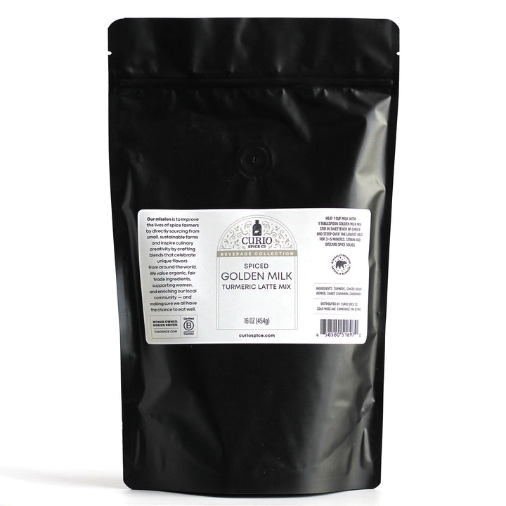 Back label of resealable bag of Spiced Golden Milk Turmeric Latte Mix.