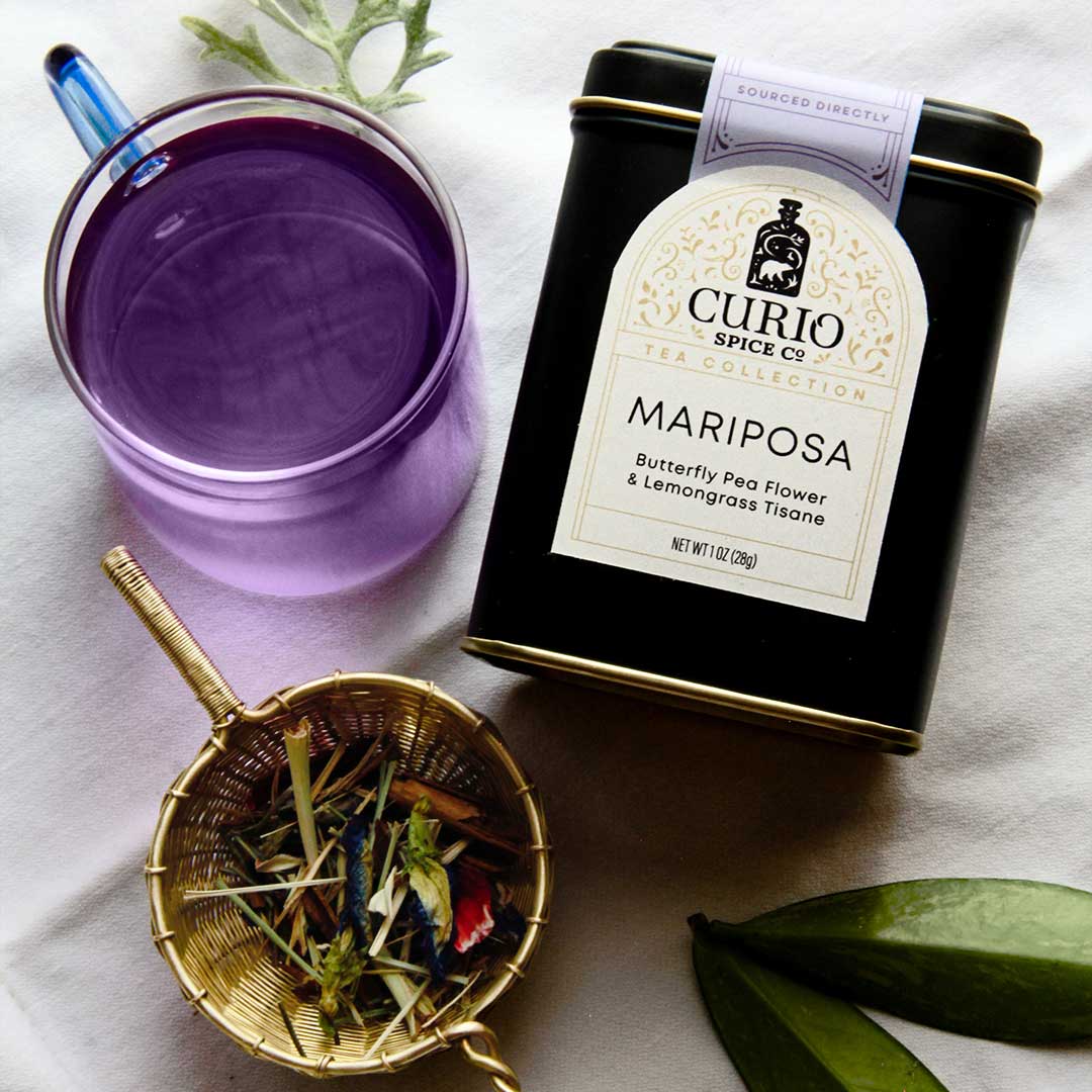 Photo of Mariposa tea with an image of brewed tea and a strainer of loose leaves