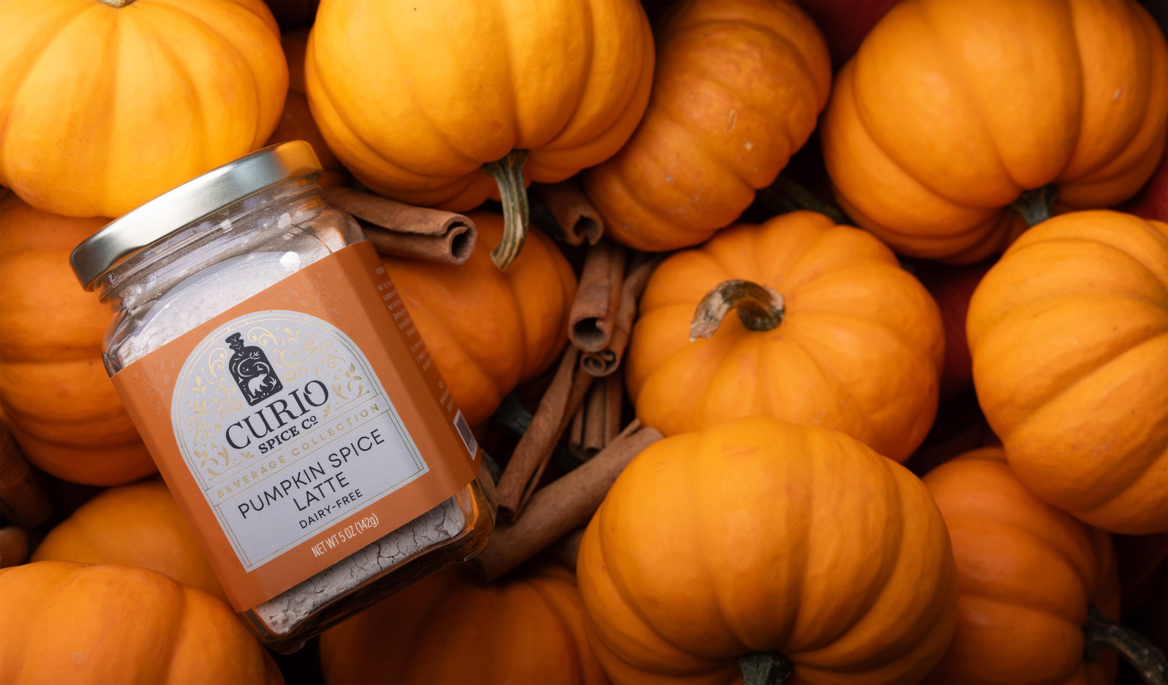 Jar of Curio Pumpkin Spice Latte surrounded by pumpkins and cinnamon sticks