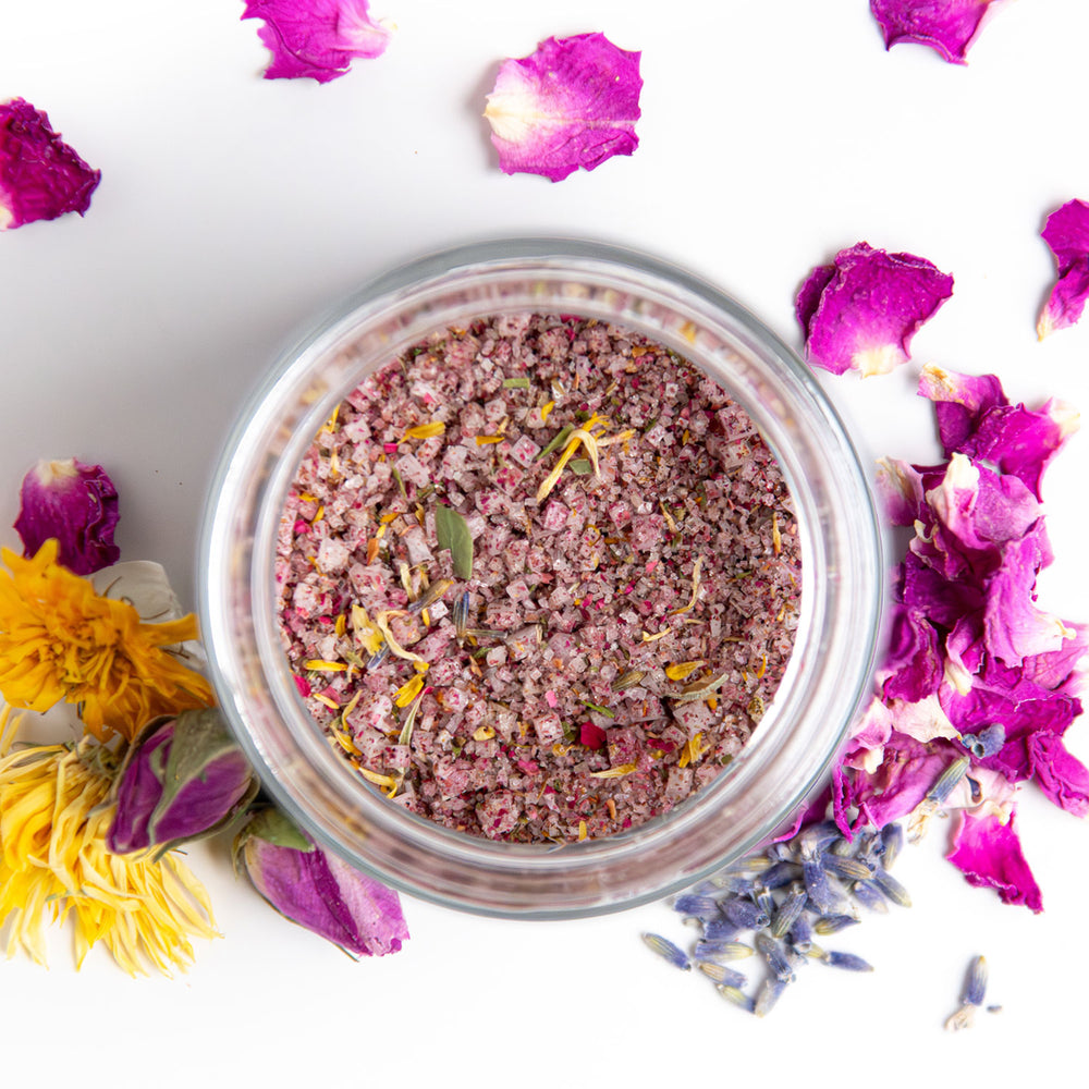 Top-down image of Flower Salt, a blend with French fleur de sel and culinary blossoms