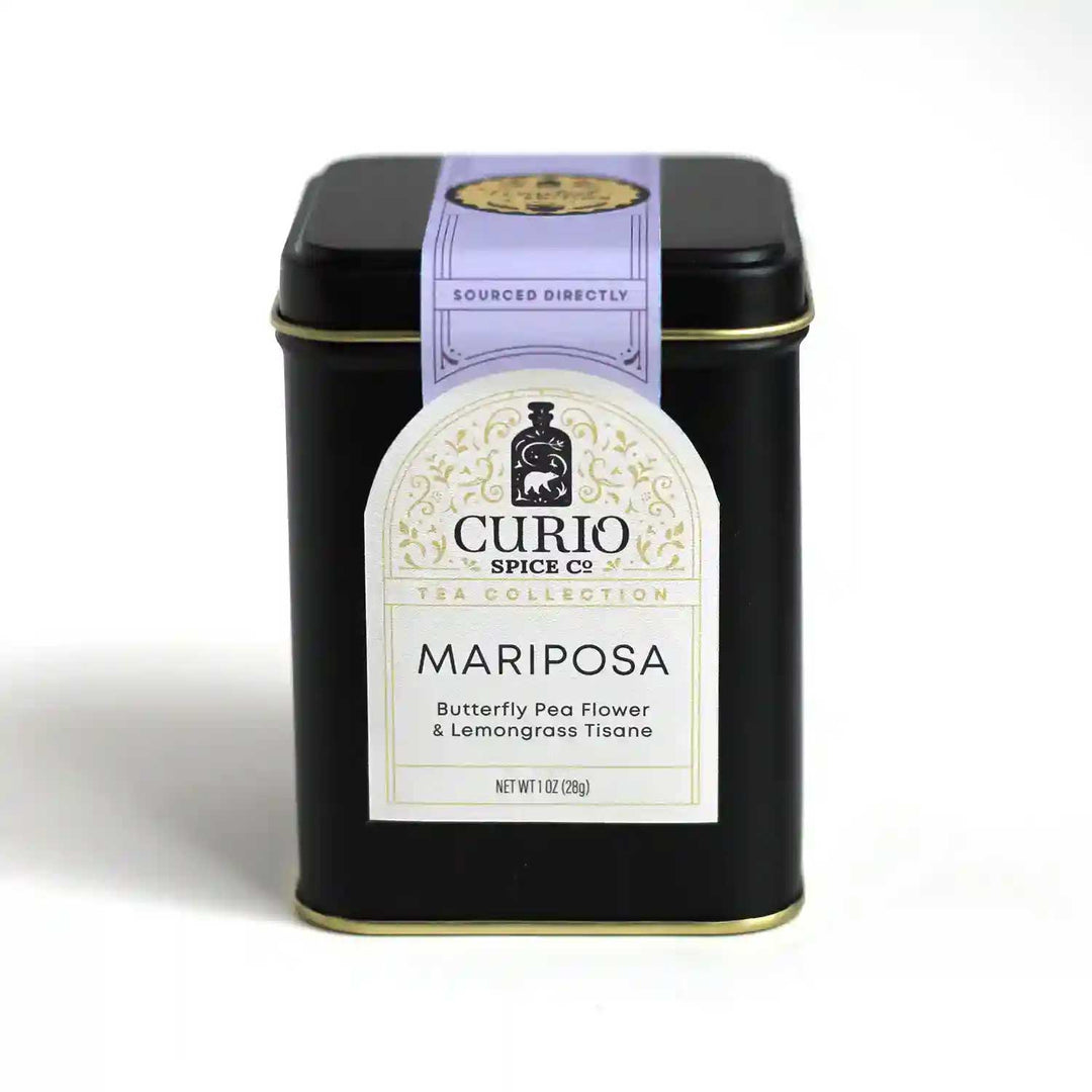 Tin of Mariposa Tea, a butterfly pea flower and lemongrass tisane