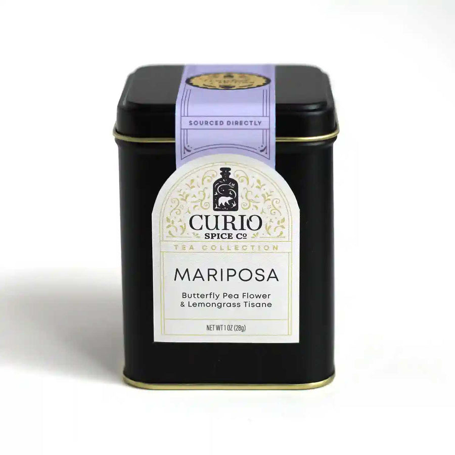 Tin of Mariposa Tea, a butterfly pea flower and lemongrass tisane