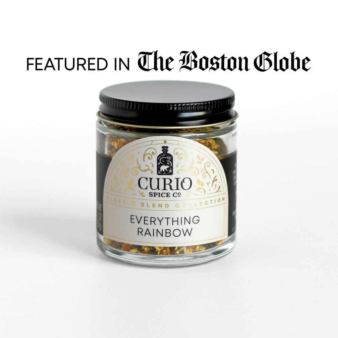 Curio Spice Co. Classic Blend Everything Rainbow in a glass jar, as featured in the Boston Globe.