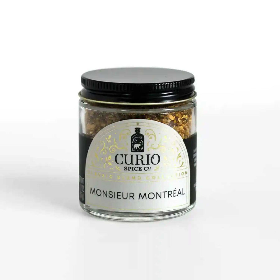 Glass jar of Monsieur Montreal, an ode to the classic Canadian steak seasoning.