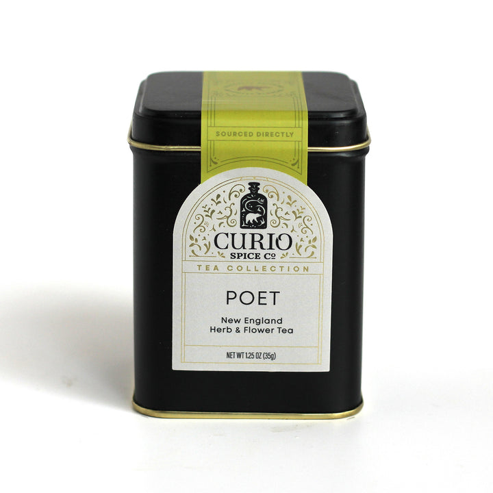 Loose leaf tin of Poet Tea, a New England Herb & Flower Tea Blend