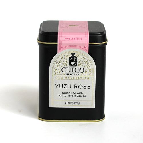 Aluminum loose leaf tin of Yuzu Rose: A Green Tea with rose and spices.