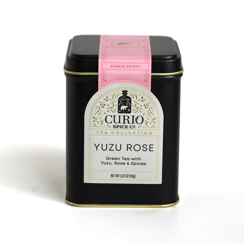 Aluminum loose leaf tin of Yuzu Rose: A Green Tea with rose and spices.