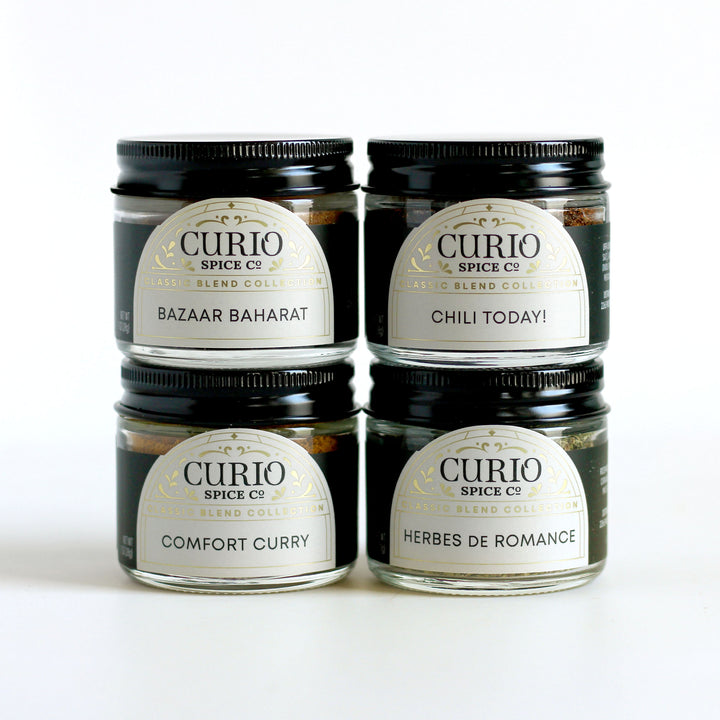 Curio Spice Co. Seasoned Greetings gift set made in collaboration with Food For Free, featuring Classic Blends made with  fair-trade single origin sustainable spices.