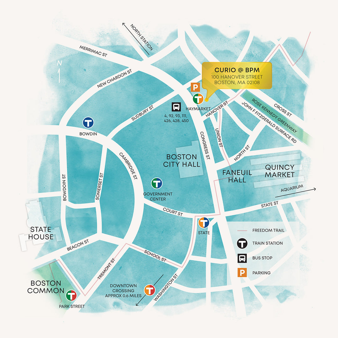 Watercolor map of Boston with Curio BPM location highlighted