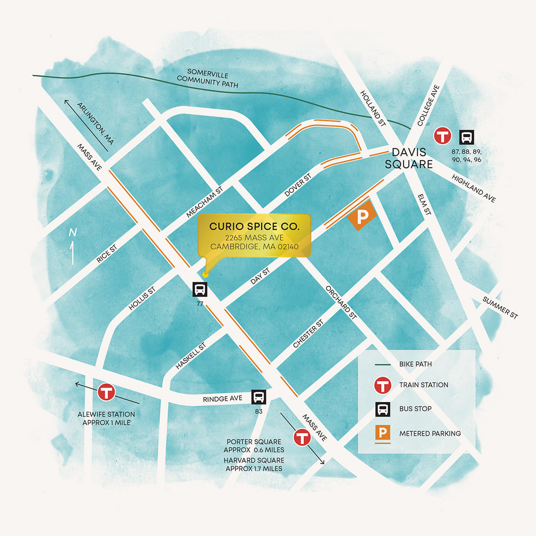 Map of Davis Square with Curio Spice Co. location marked