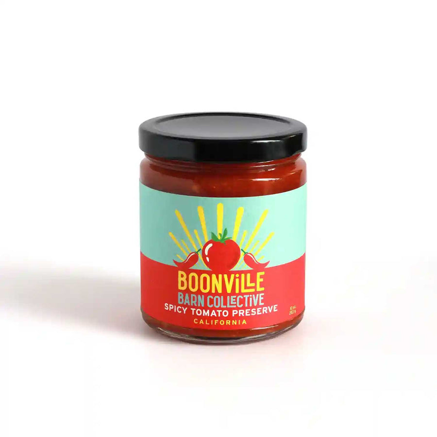Boonville Barn Collective's Spicy Tomato Preserve, a savory jam that is super tomato-y, with a kick of comapeño chile to add a rounded heat and hint of citrus.