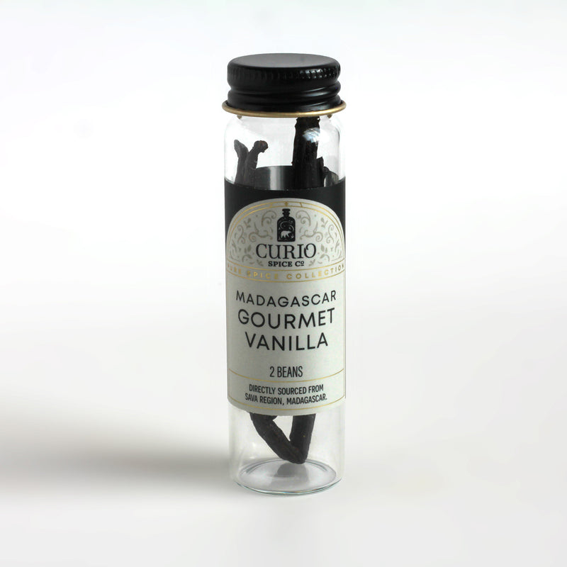 Curio Spice Co. Madagascar Gourmet Vanilla Bean Pods in a glass jar.