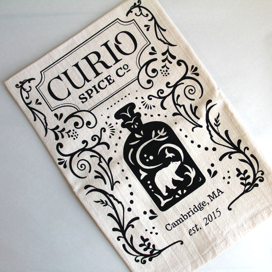 Curio Spice Co. tea towel made by Hearth & Harrow in Rockport, Maine.