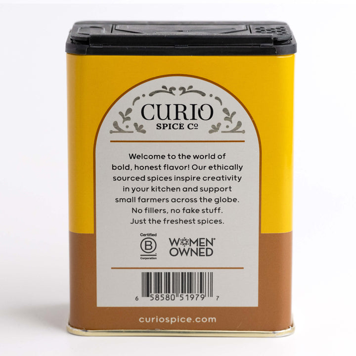 Curio Spice Co. spice tin with a label on a white background