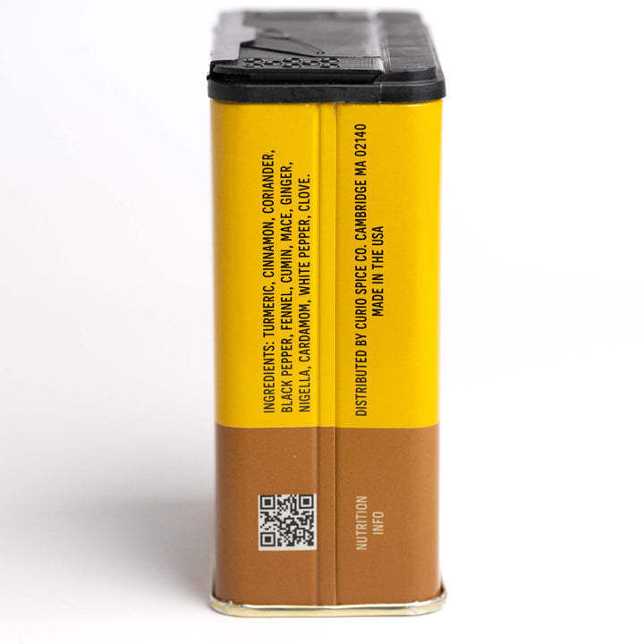 Canister with yellow label and black text on a white background