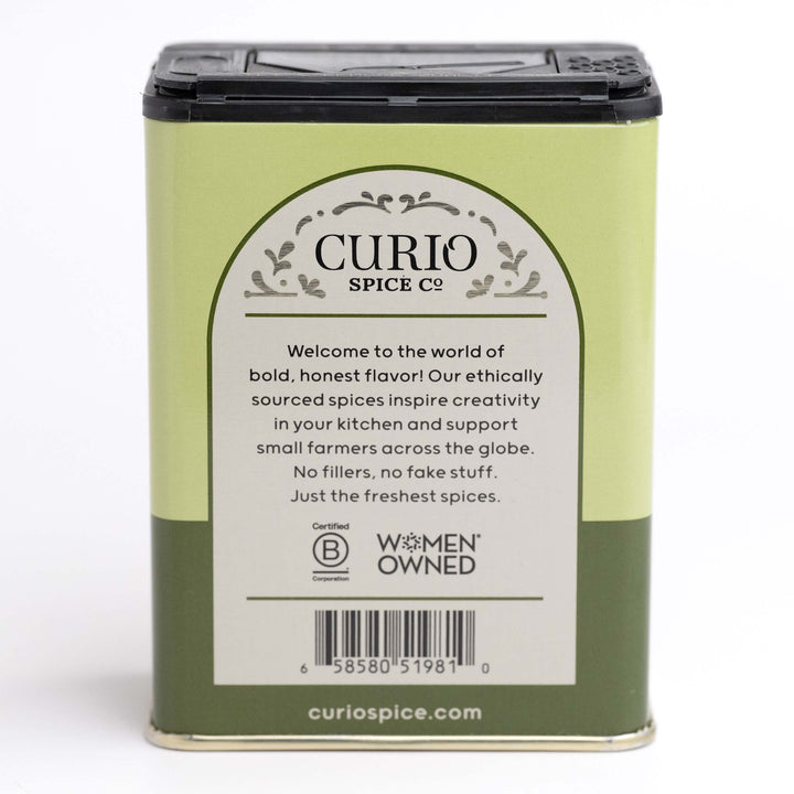 Curio Spice Co. spice tin with label on a white background