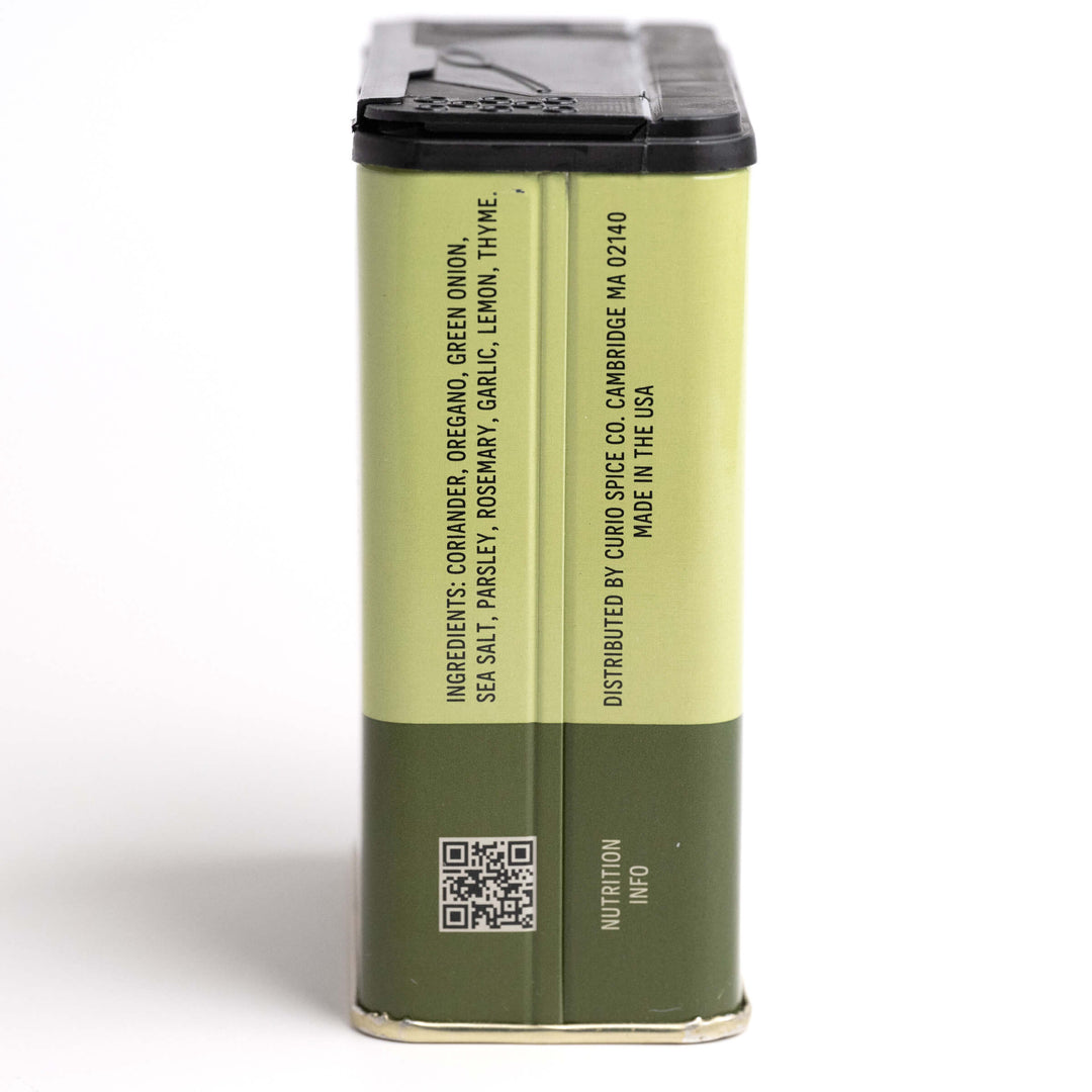 Green spice container with label and QR code on a white background