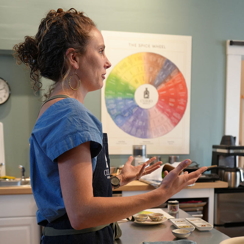 Claire, Curio's founder, teaching at a Spice Blending class.