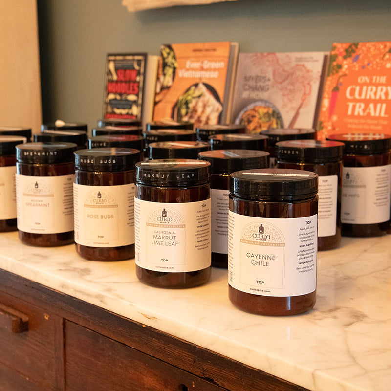 An array of bulk spices for Curio's Spice Blending classes