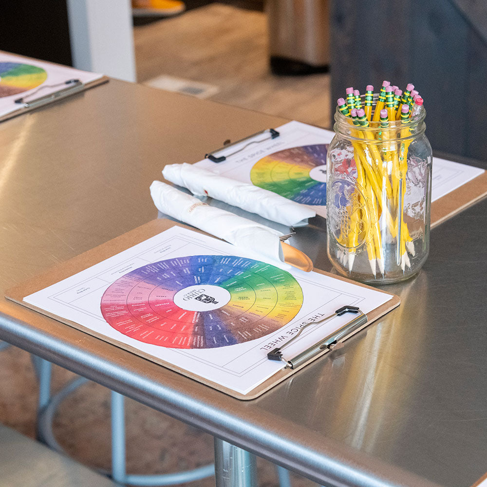 Curio's Spice Wheel on a stainless steel table during the blending class