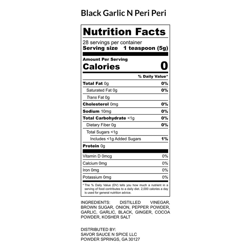 Nutrition label for Hot N Saucy Black Garlic Peri Peri Sauce