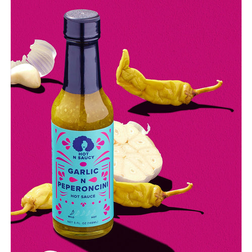 Garlic N Peperoncini Hot Sauce with peppers and garlic