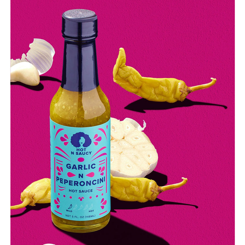 Garlic N Peperoncini Hot Sauce with peppers and garlic
