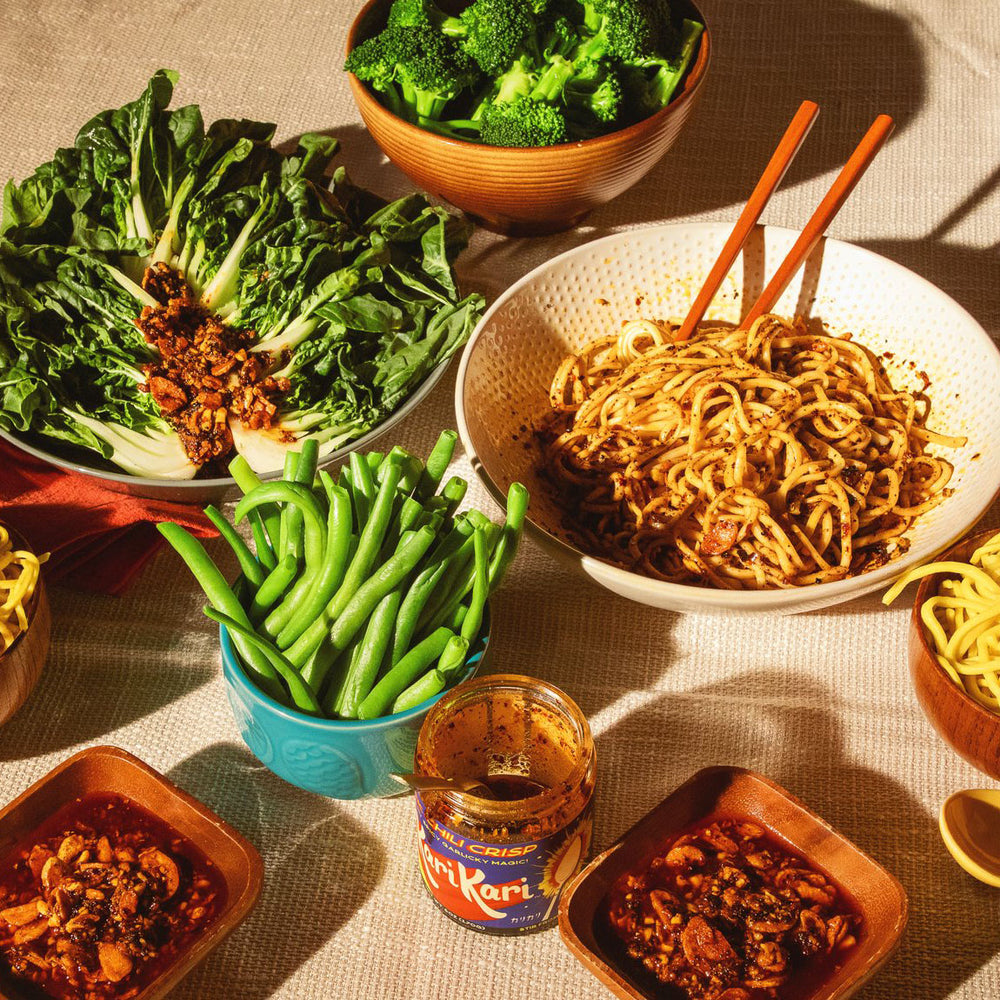 Kari Kari Chili Crisp with noodles, stews, and vegetables