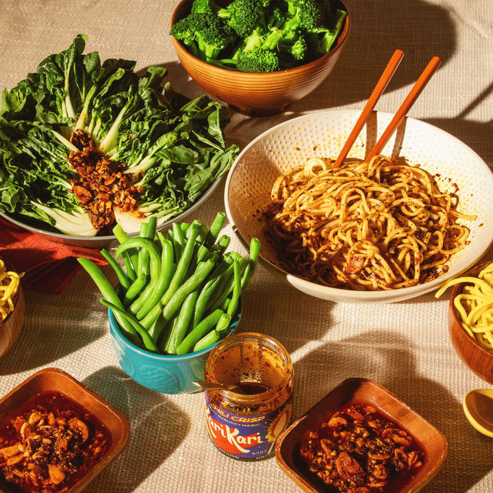 Kari Kari Chili Crisp with noodles, stews, and vegetables