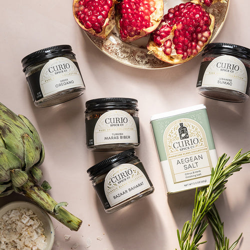 Mediterranean Pantry gift set featuring Aegean Salt, Bazaar Baharat, Lebanese Sumac, Turkish Maras Chile, and Greek Oregano.