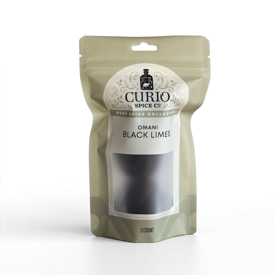 Curio Spice Co. fair-trade single origin sustainable Omani black limes in a resealable bag.