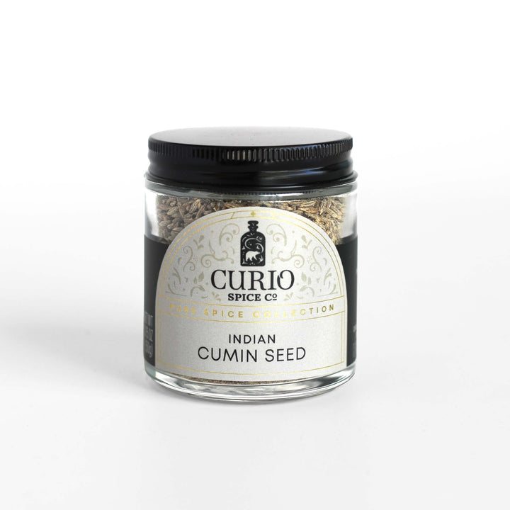 Curio Spice Co. fair-trade single origin sustainable Indian cumin seed in a glass jar.